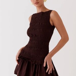 Peppermayo Brown Ruched Ribbed Sheath Mini Dress